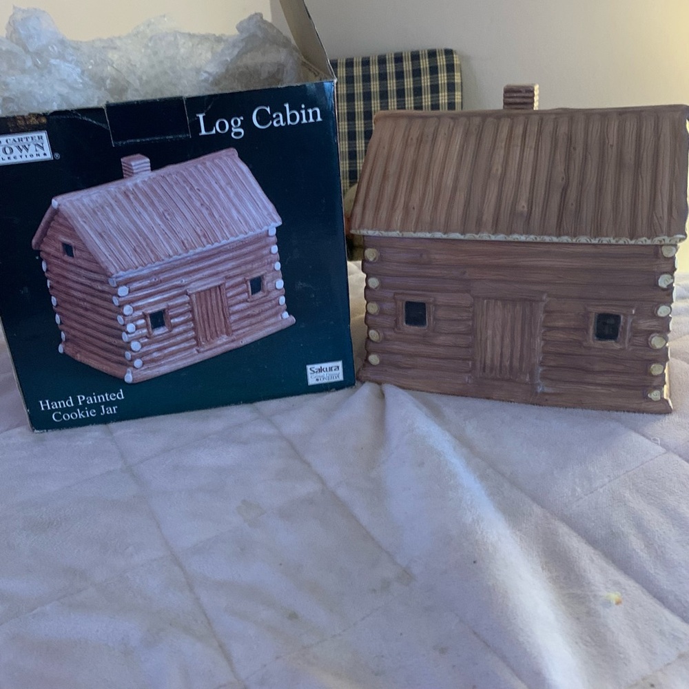 Sakura Vintage Log Cabin Hand Painted Cookie Jar. New In Box. Never Used.